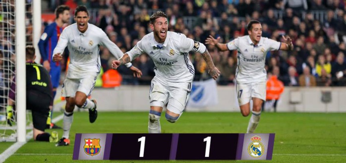 C'est terminé, 1-1 entre le Barça et le Real Madrid grâce à l'égalisation in-extremis de Ramos !