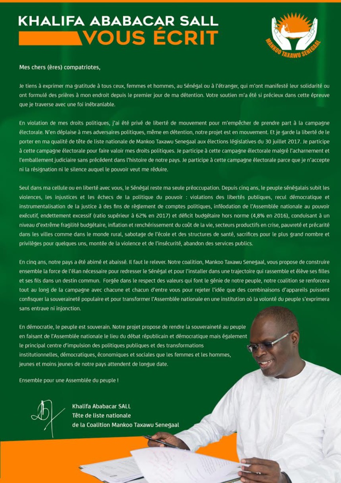 LÉGISLATIVES 2017 : Khalifa Sall parle enfin... (DOCUMENT)