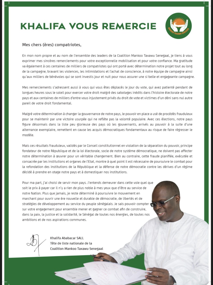 Khalifa Sall écrit encore aux Dakarois : "Je vous remercie" (DOCUMENT)