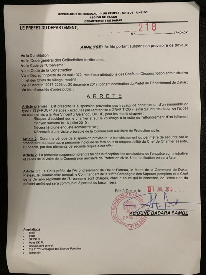 Chute d’un immeuble à la Rue Vincent angle Galandou Diouf : Le Préfet ordonne la suspension des travaux d’un immeuble mitoyen