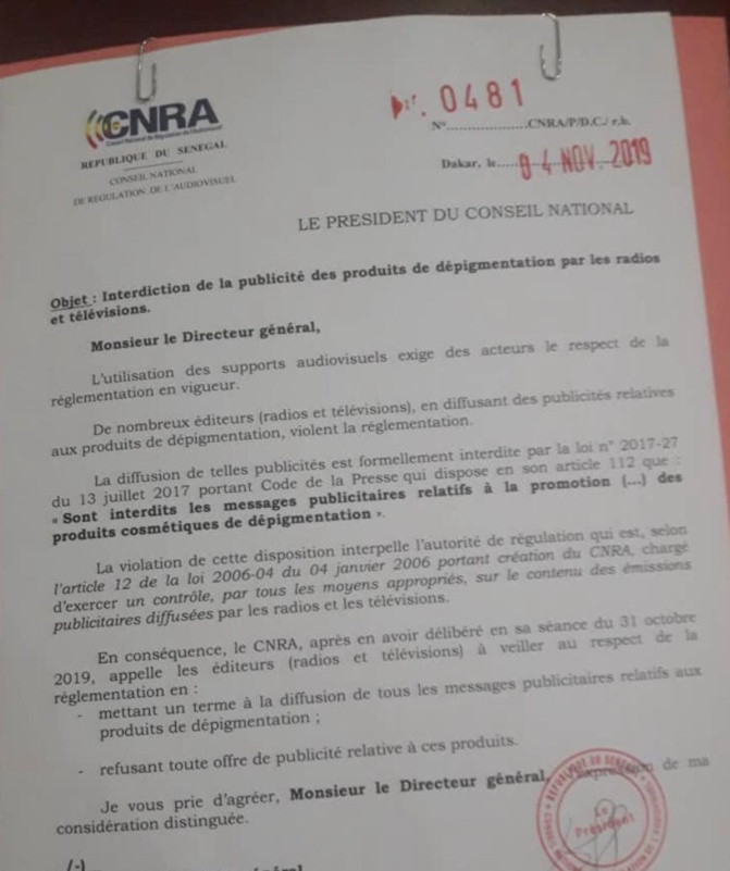Interdiction des publicités de la dépigmentation : Le CNRA met en garde les radios et télévisions