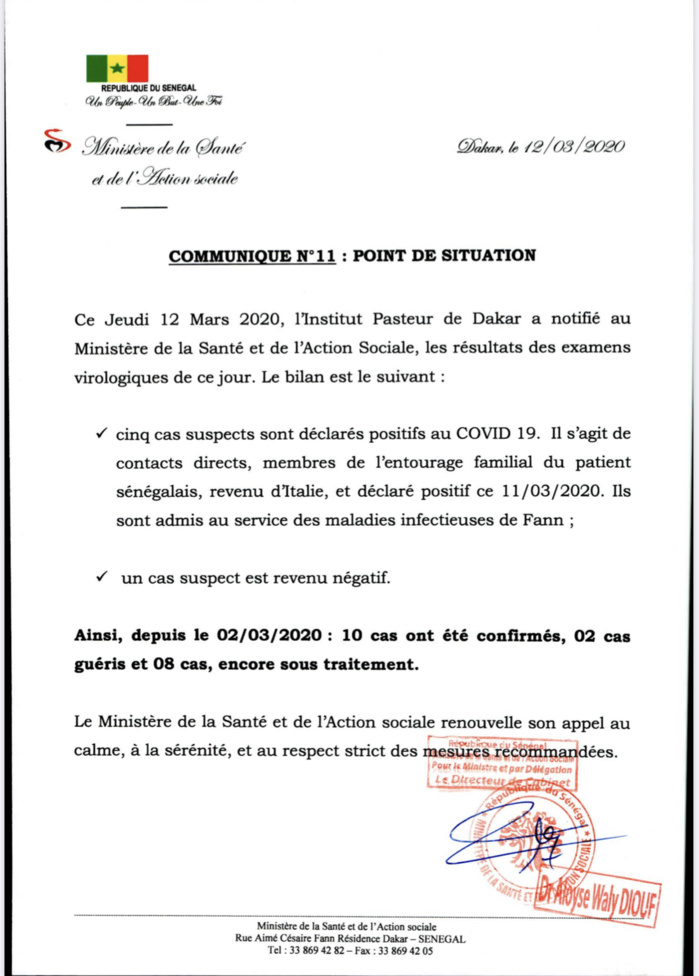 Coronavirus : Le Sénégal compte désormais 8 cas confirmés et deux guéris.