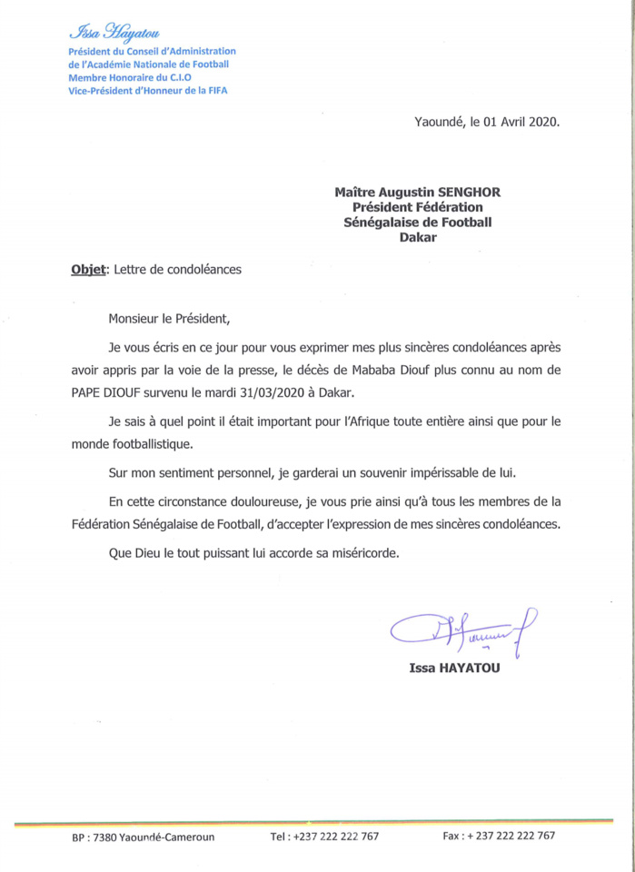 Disparition de Pape Diouf : L'ancien président de la CAF, Issa Hayatou a présenté ses condoléances à la FSF. (DOCUMENT)