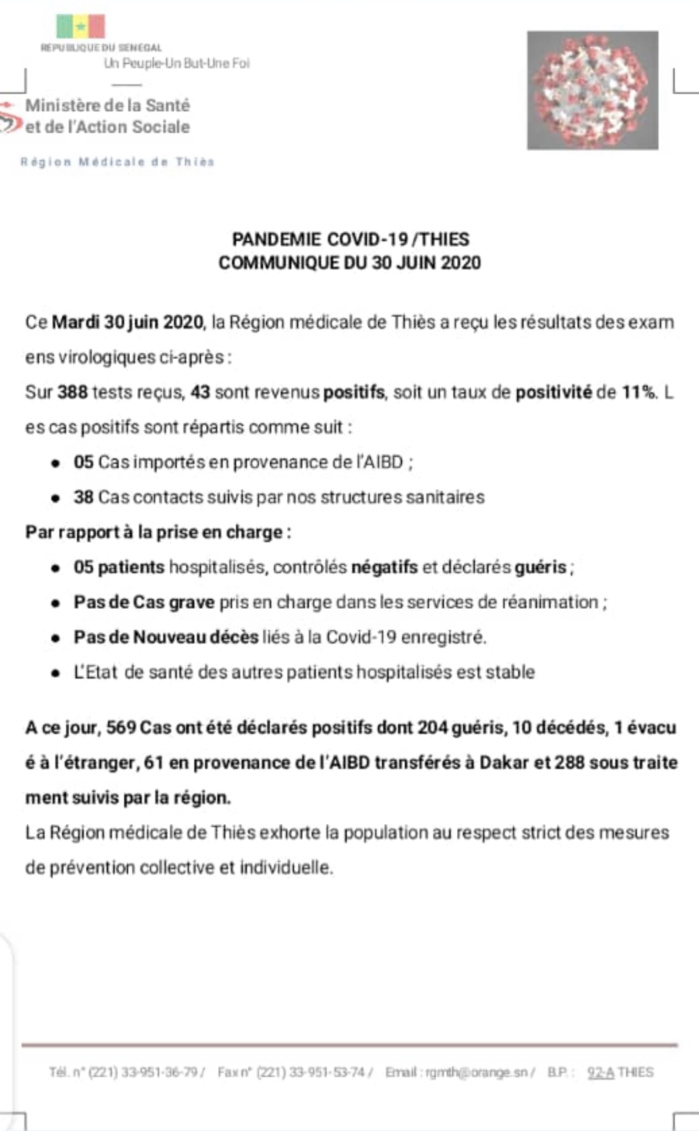 Covid-19 : La région de Thiès franchit la barre de 500 cas positifs au coronavirus.