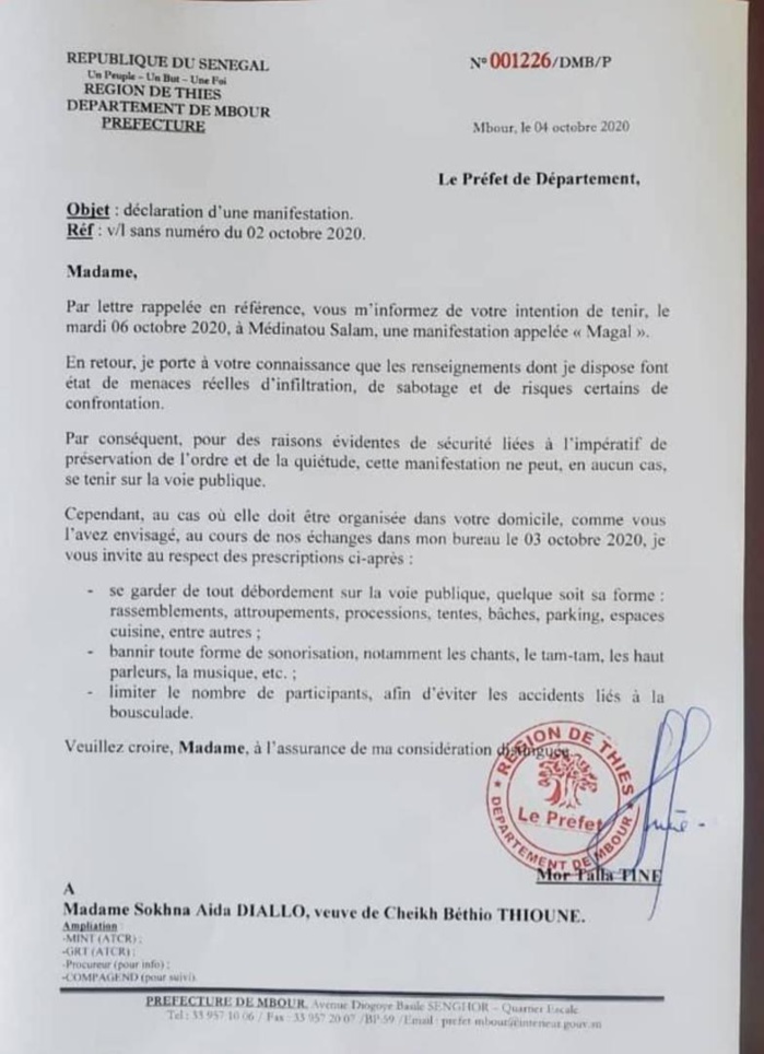 Le Préfet de Mbour interdit le Magal de Sokhna Aida Diallo sur la voie publique