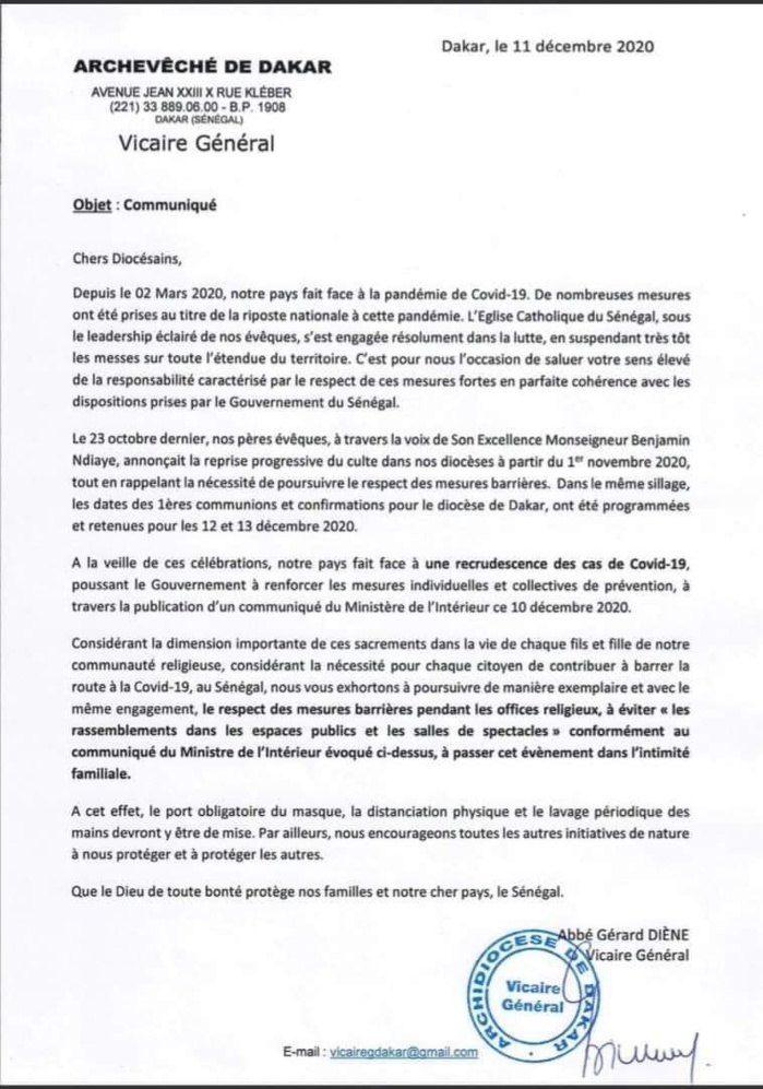 L’Eglise recommande de faire les Communions dans le respect strict des mesures barrières (Communiqué) L’Eglise recommande de faire les Communions dans le respect strict des mesures barrières (Communiqué)