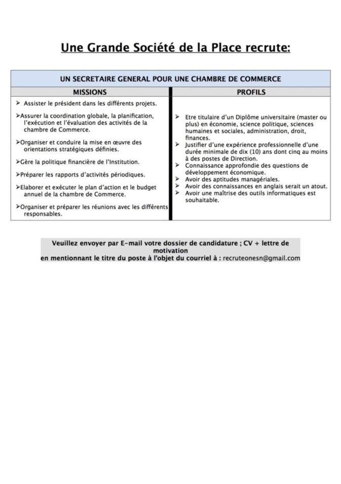 Une Grande Société de la Place recrute