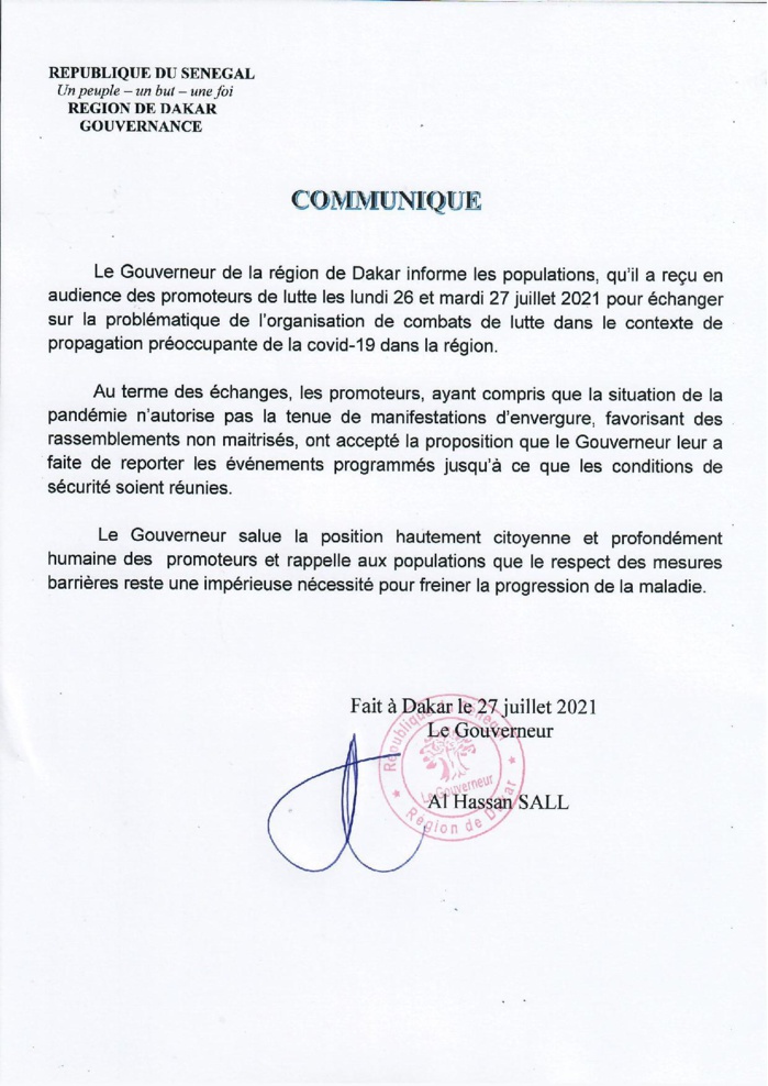 Le gouverneur de Dakar prend ses responsabilités et annules tous les combats de lutte Le gouverneur de Dakar prend ses responsabilités et annules tous les combats de lutte
