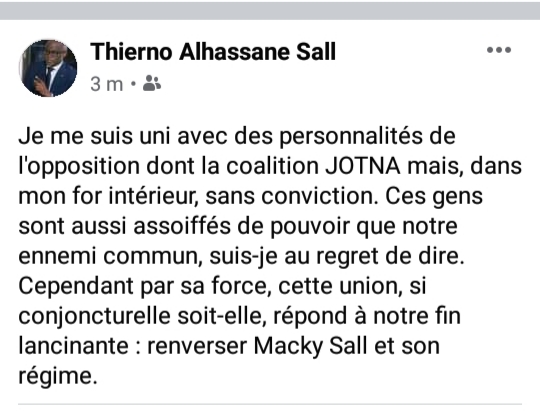 Le post détonant de Thierno Alassane Sall à l'endroit du trio KKS: Comme du je t'aime moi non plus