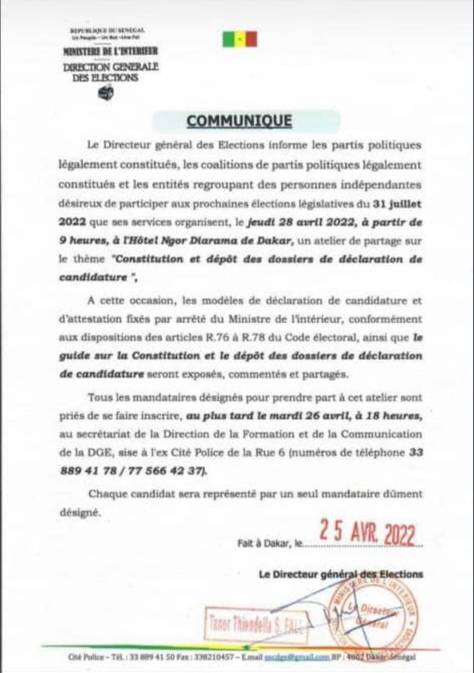 Législatives 2022: La Direction générale des élections organise ce jeudi, un atelier de partage sur la constitution et le dépôt des dossiers de candidature
