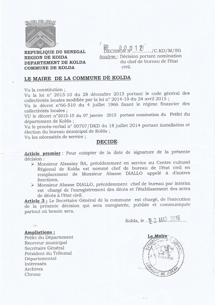 notification de la décision portant nomination du chef du bureau de l’état civil de kolda par mr le maire bibi balde notification de la décision portant nomination du chef du bureau de l’état civil de kolda par mr le maire bibi balde
