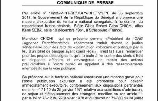 Voici l’arrêté d’expulsion de Kémi Séba