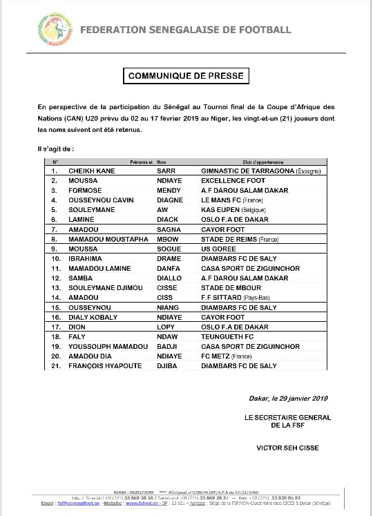 Voici la liste des Lionceaux appelés pour la CAN U20