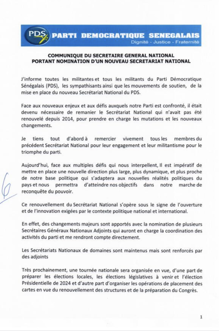 Situation politique : Le PDS renouvelle son Secrétariat national... (DOCUMENT)
