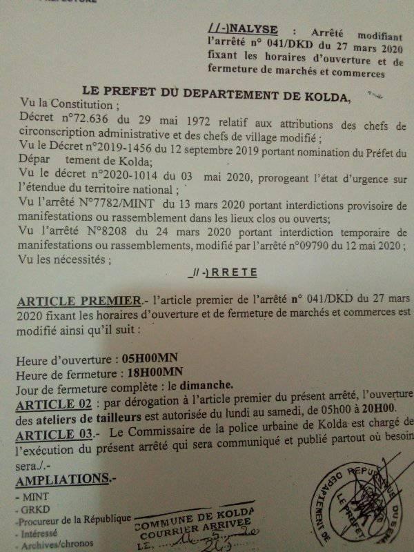 Assouplissement état d’urgence : Le préfet de Kolda rouvre les marchés et commerces
