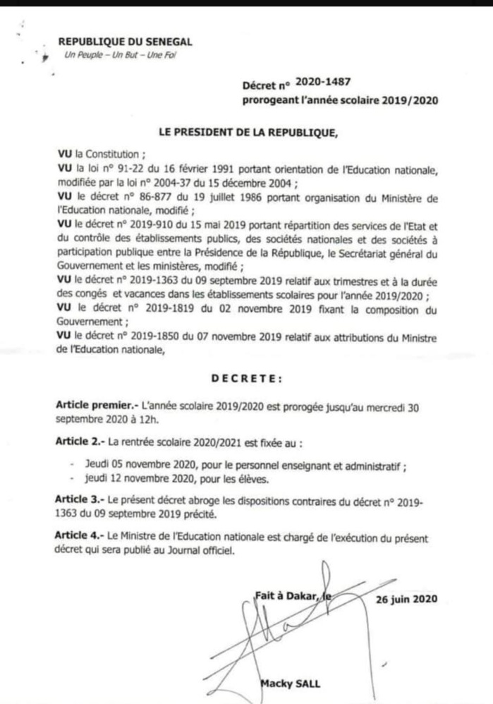 Education : L'année scolaire prorogée jusqu’au 30 Septembre