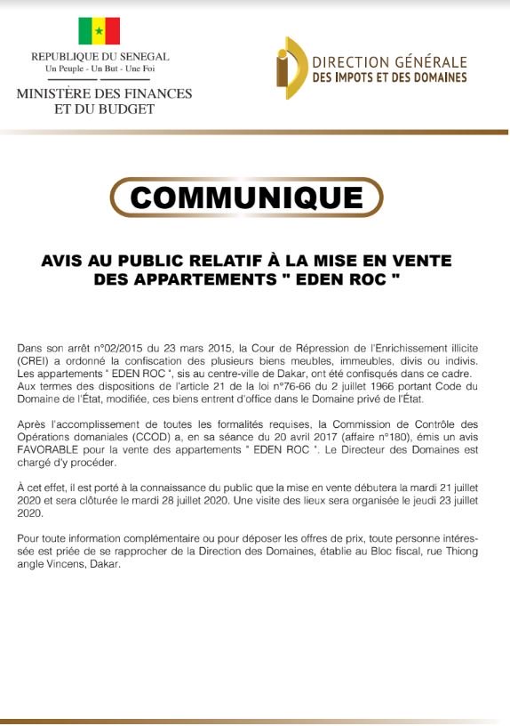 Communiqué DGID relatif à la mise en vente des appartements " EDEN ROC "