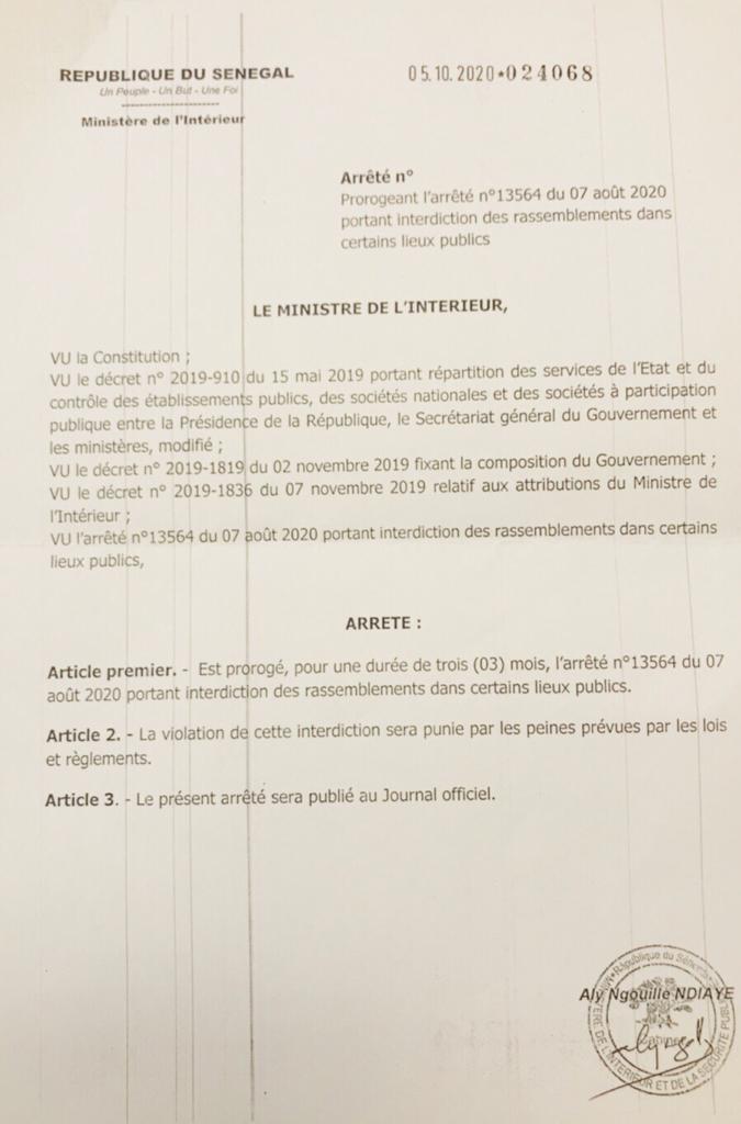 Lutte contre la Covid-19 : L’interdiction des rassemblements dans certains lieux publics prorogée jusqu’en janvier 2021.