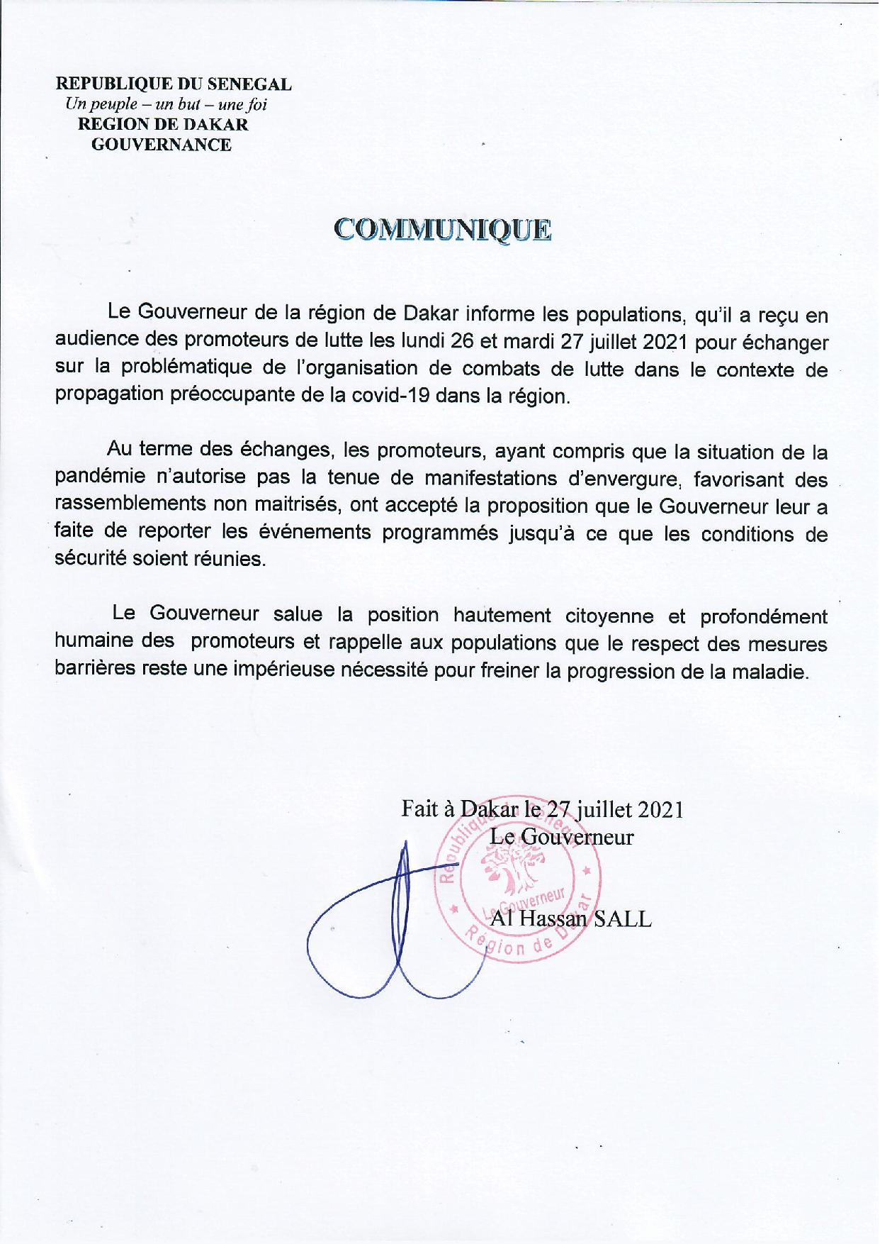 Le gouverneur de Dakar prend ses responsabilités et annules tous les combats de lutte
