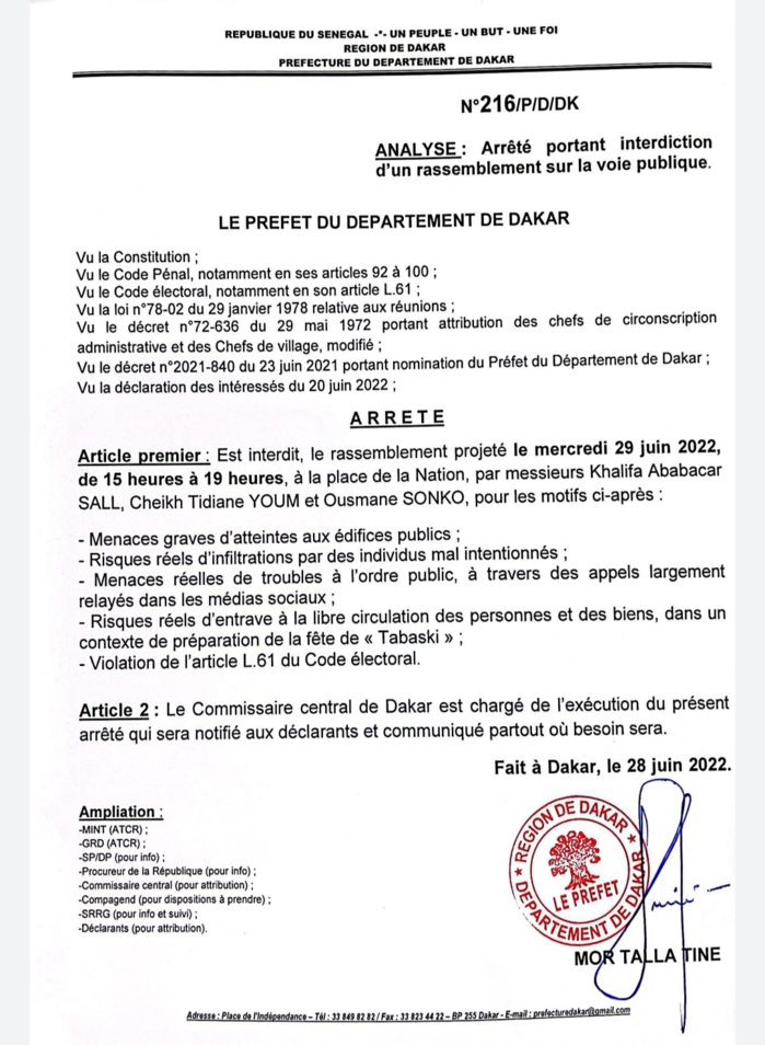 Manifestation de Yewwi : Les motifs brandis par le préfet, interdisant la mobilisation du 29 juin