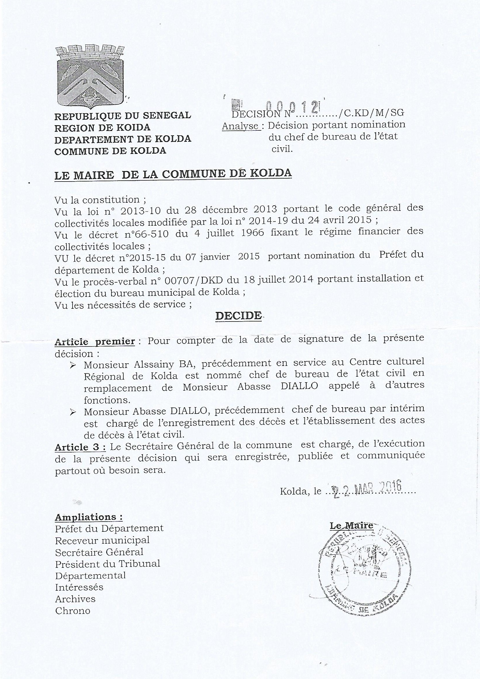  notification de la décision portant nomination du chef  du bureau  de l’état civil de kolda  par mr le maire bibi balde
